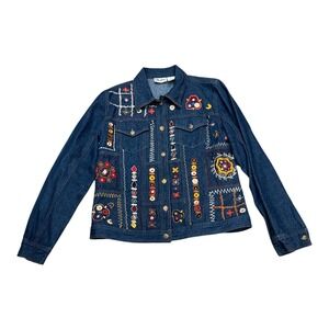 Vintage Main Street Embroidered Mirror Denim Jacket Medium Wash Boho Small